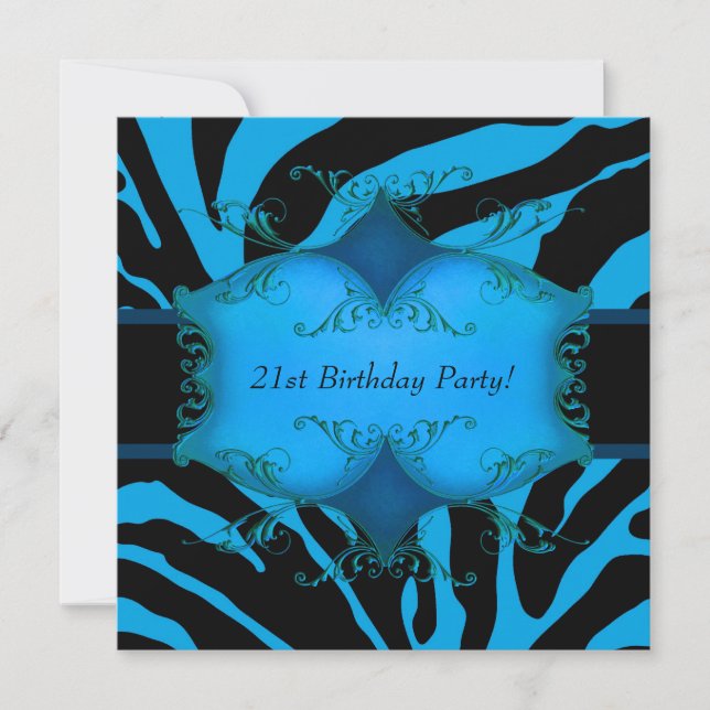 Teal Zebra Womans 21st Birthday Party Invitation (Front)
