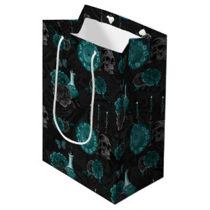 Teal Zodiac Magic   Green Gothic Skull Roses Medium Gift Bag