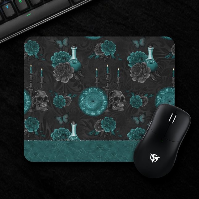 Teal Zodiac Magic | Green Gothic Skull Roses Mouse Mat (Creator Uploaded)