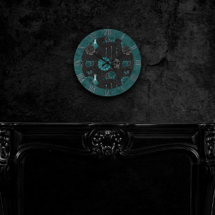 Teal Zodiac Magic Green Gothic Skull Roses Round Clock