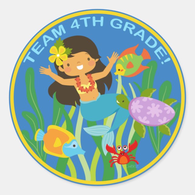 Team 4th Grade! Cute Mermaid Classic Round Sticker (Front)