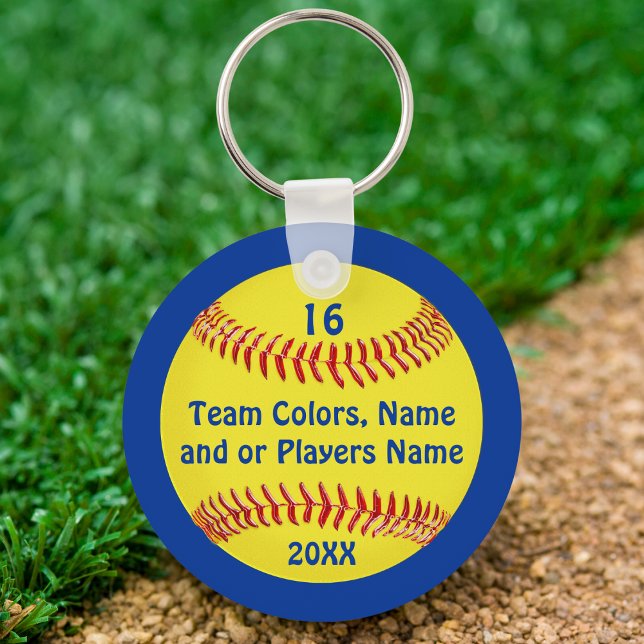 TEAM and PLAYER'S NAME, NUMBER Softball Keychains (Softball team gift ideas for girls. Blue, softball keychains, Softball party favors or any occasion.)
