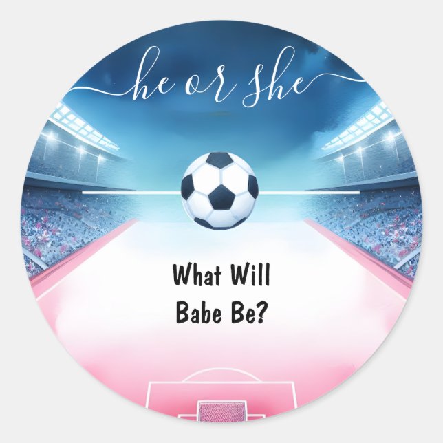 Team Ball Pitch Fun Soccer Field Gender Reveal Classic Round Sticker (Front)