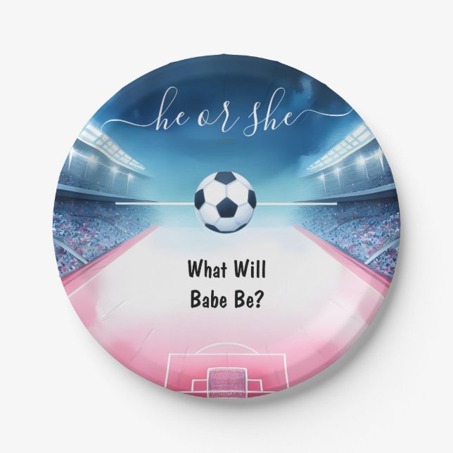 Team Ball Pitch Fun Soccer Field Gender Reveal Paper Plate (Front)