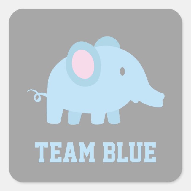 Team Blue, Baby Boy Elephant, Gender Reveal Party Square Sticker (Front)