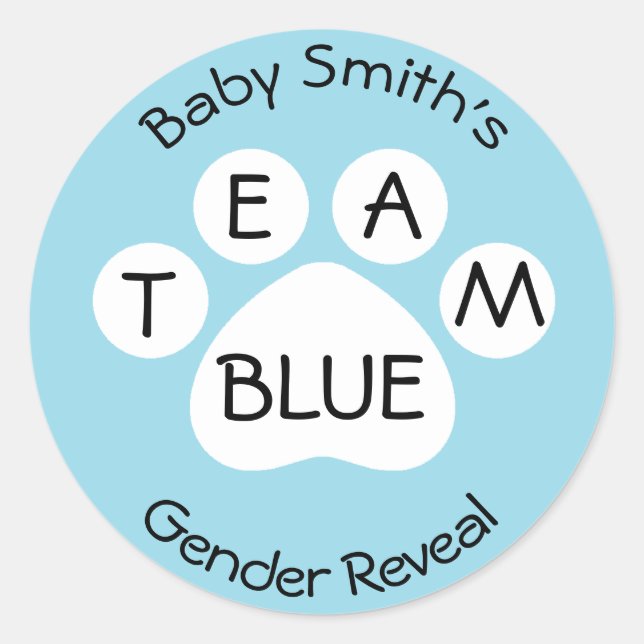 Team Blue Paw Print Gender Reveal Classic Round Sticker (Front)