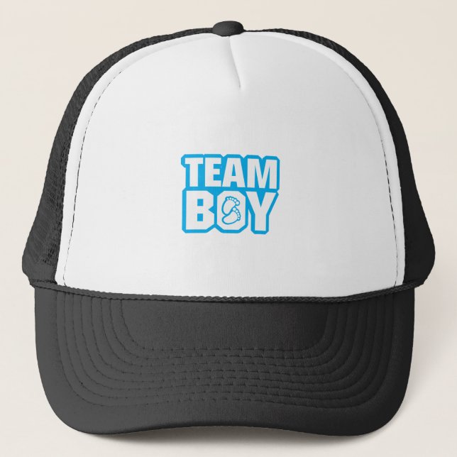 Team Boy Baby Shower Gender Reveal Party Blue Trucker Hat (Front)