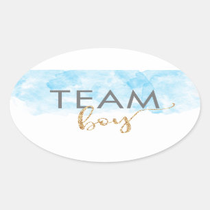 Team Boy Blue Gold Glitter Gender Reveal Oval Sticker