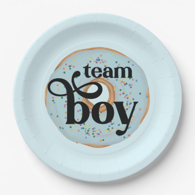 Team Boy Doughnut Gender Reveal  Paper Plate (Front)