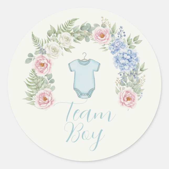 Team Boy Floral Wreath Gender Reveal Classic Round Sticker (Front)