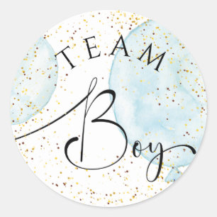 Team boy gender reveal watercolor blue balloons  classic round sticker