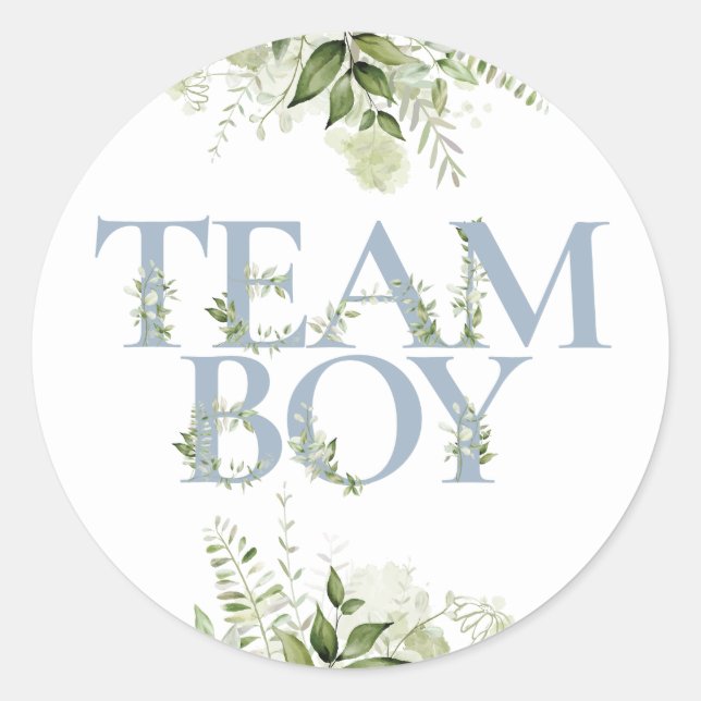 Team Boy Greenery Floral Gender Reveal Voting Classic Round Sticker (Front)