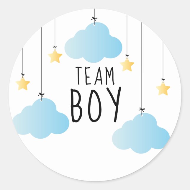 Team Boy Stars Blue Clouds Gender Reveal Voting Classic Round Sticker (Front)
