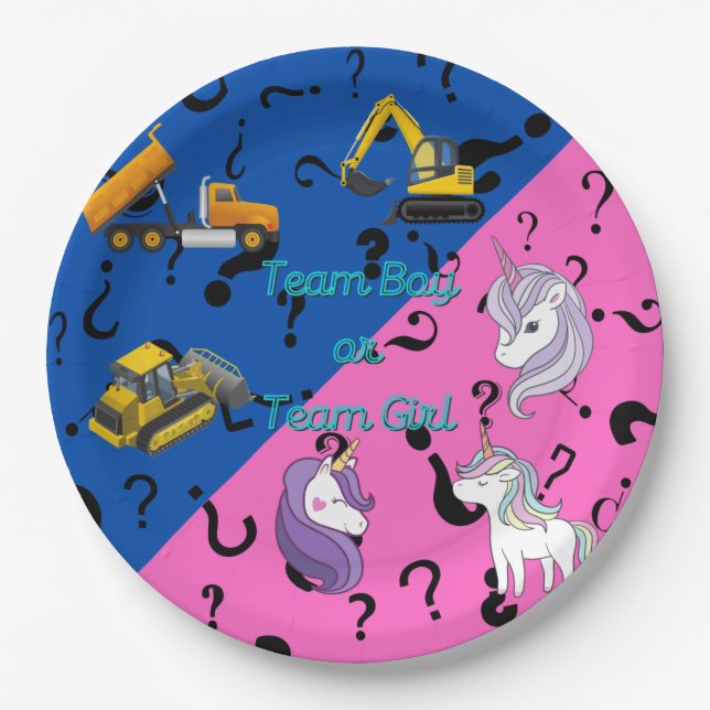 Team Boy vs Team Girl Heavy Equipment vs Unicorns Paper Plate (Front)