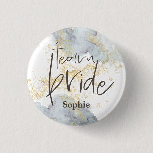 Team Bride Blue Ombre Watercolors Gold Name 3 Cm Round Badge