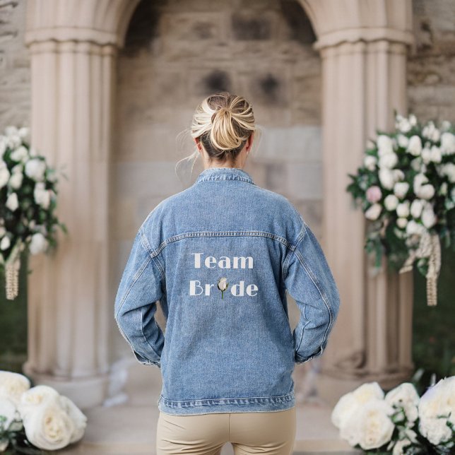 Team Bride - Bridal Party White Glittery Look Rose Denim Jacket (Creator Uploaded)