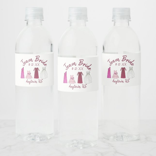 Team Bride Bridal Shower Bachelorette Party Gowns Water Bottle Label (Bottles)