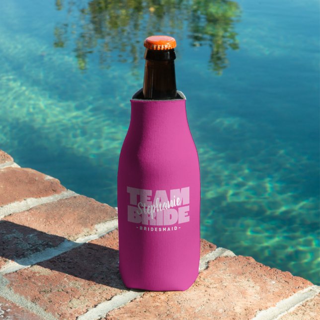 Team Bride Bridesmaid Name Wedding Party Pink Beer Bottle Cooler (In Situ Pool)