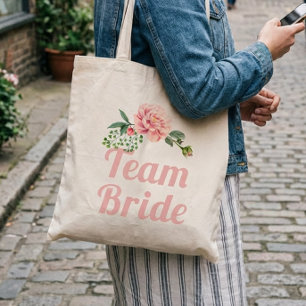 Team Bride Bridesmaid Romantic Pink Rose Floral Tote Bag