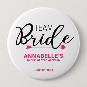Team Bride Button. Crown, Cupid Arrow WHITE 10 Cm Round Badge