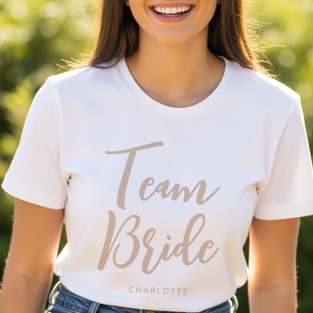 Team Bride Custom Name Wedding Beige White T-Shirt (Creator Uploaded)