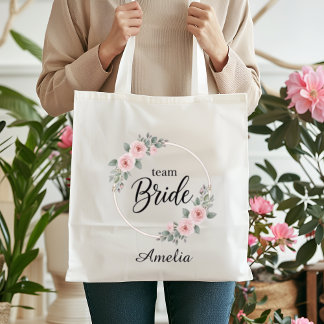 Team Bride Elegant Pink Floral Gold Hoop Wedding Tote Bag