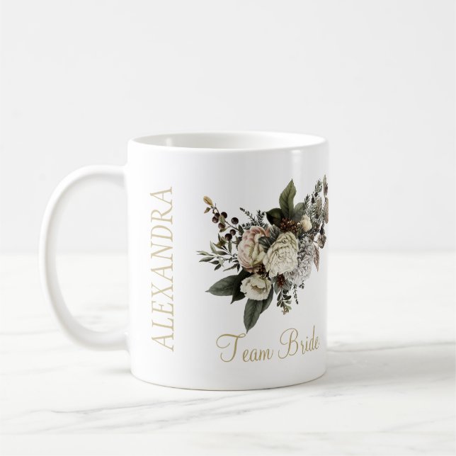 Team bride elegant white flowers winter wedding coffee mug (Left)