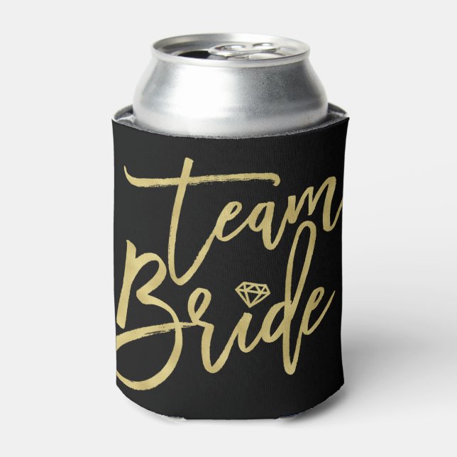 Team Bride Gold Brush Script Diamond Bridal Party Can Cooler (Can Front)