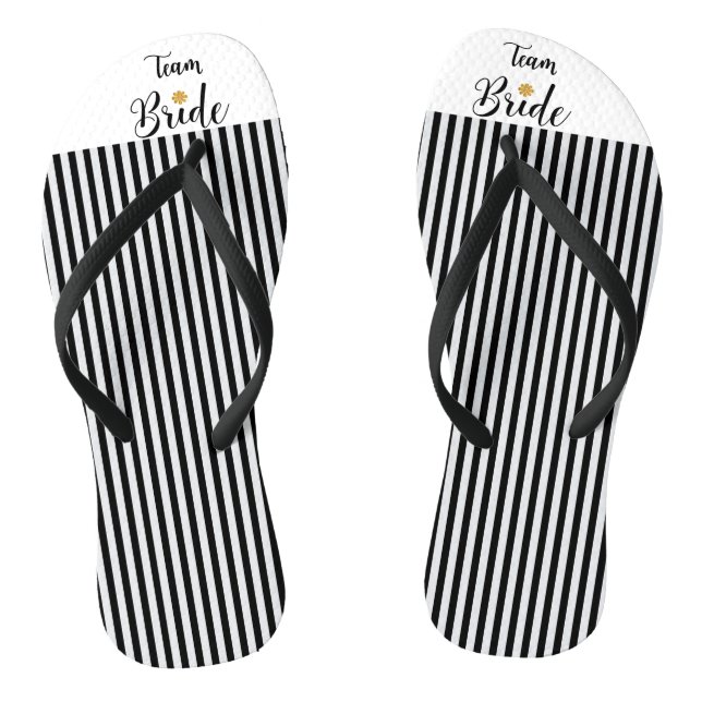 Team Bride Gold Flower Black White Stripes Trendy Flip Flops (Footbed)