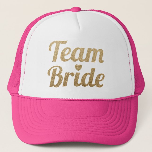 Team Bride Gold Glitter Hot Pink Trucker Hat (Front)
