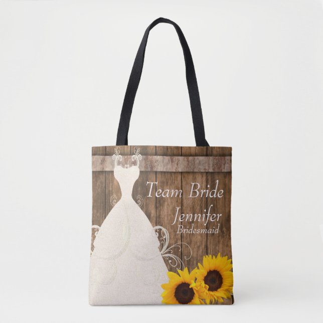 Team Bride In Rustic Wood Sunflower Style Tote Bag (Front)
