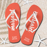 Team Bride Peach and White Personalised Flip Flops<br><div class="desc">Peach and white - or any colour - flip flops personalised with your name and "Team Bride" or any wording you choose. Great bridesmaid gift, bachelorette party, flat shoes for the wedding reception, or a fun bridal shower favour. Change the colour straps and footbed, too! More colours done for you...</div>