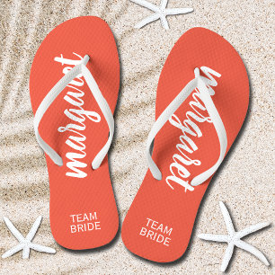 Team Bride Peach and White Personalised Flip Flops