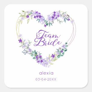 Team Bride Quote & Floral Purple Heart for Wedding Square Sticker