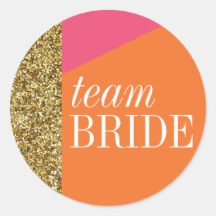 Team Bride Sticker, Gold Glitter, Colour Blocks Classic Round Sticker