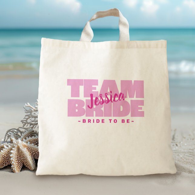 Team Bride To Be Name Bachelorette Pink Retro Cute Tote Bag (Creator Uploaded)