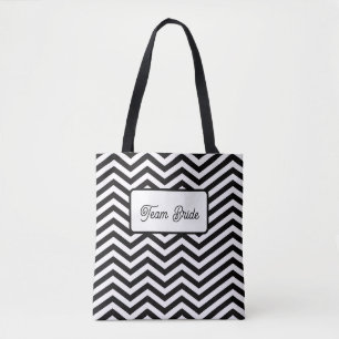 Team bride tote bag on black & white stripes