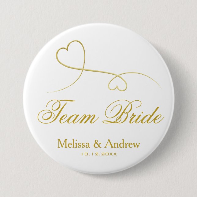 Team Bride | Two Gold Hearts Wedding / Bridesmaids 7.5 Cm Round Badge (Front)