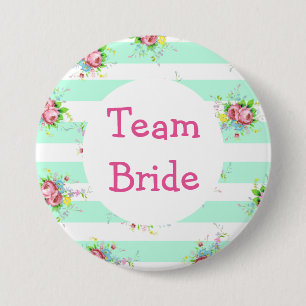 "Team Bride" Wedding Button Mint Green Floral Pink