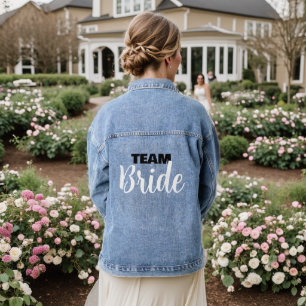 Team Bride White and Black Wedding Typography Denim Jacket