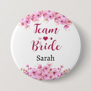 Team Bride With Custom Name Pink Flower 7.5 Cm Round Badge