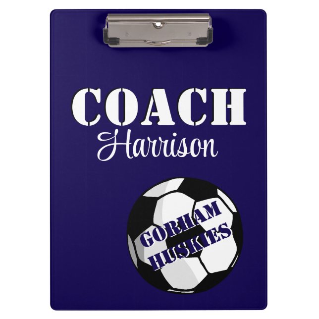 Team Coach Blue and White Soccer Personalised Clipboard (Front)