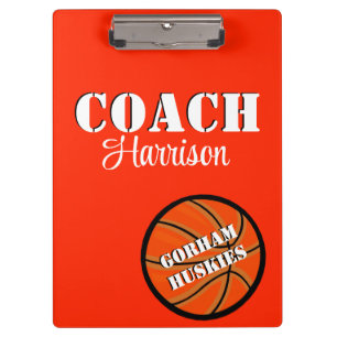Team Coach Orange and White Basketball Personalise Clipboard