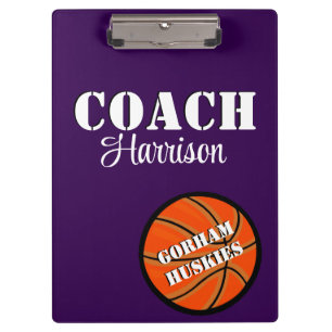 Team Coach Purple and White Basketball Personalise Clipboard