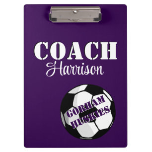 Team Coach Purple and White Soccer Personalised Clipboard