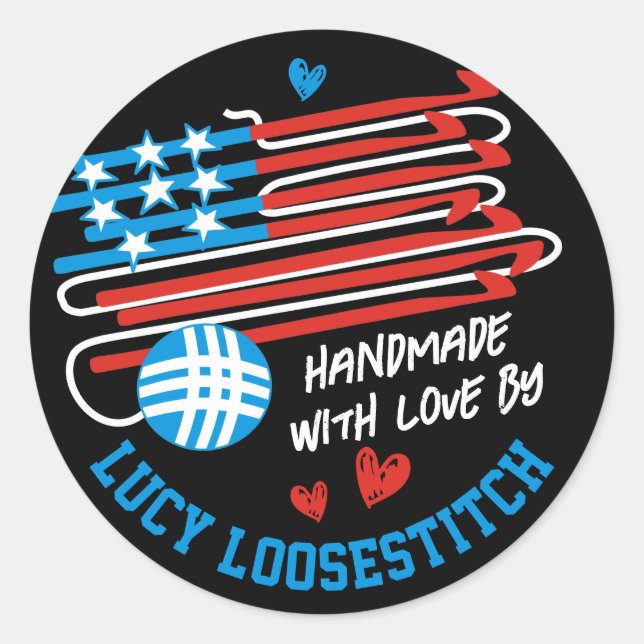 Team Crochet hooks ball of yarn patriotic USA flag Classic Round Sticker (Front)
