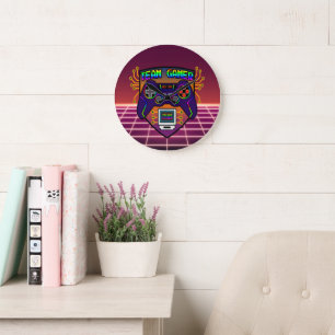 Team Gamer, retro gaming controller decor, retro b Large Clock