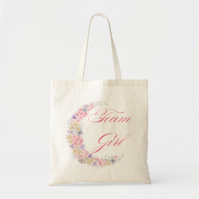 team girl baby shower pink script stylish floral tote bag (Front)
