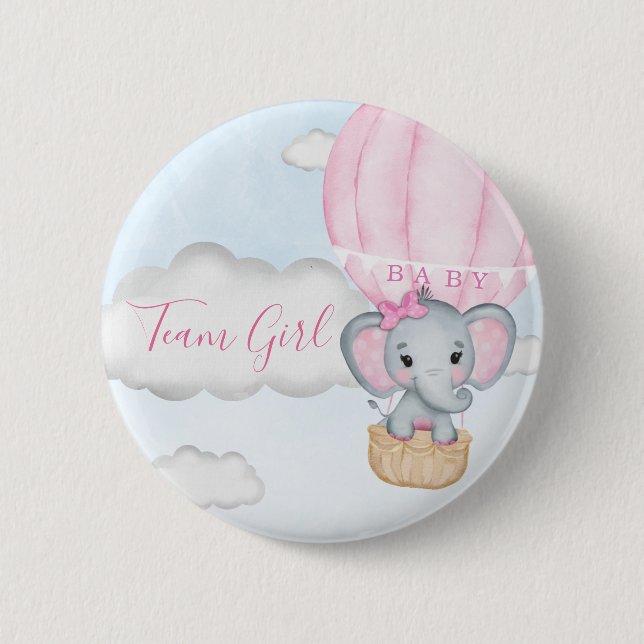 Team Girl Elephant Balloon Baby Shower 6 Cm Round Badge (Front)