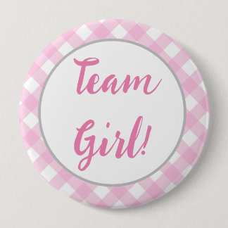 Team Girl Gender Reveal Button, Pink Gingham Plaid 10 Cm Round Badge